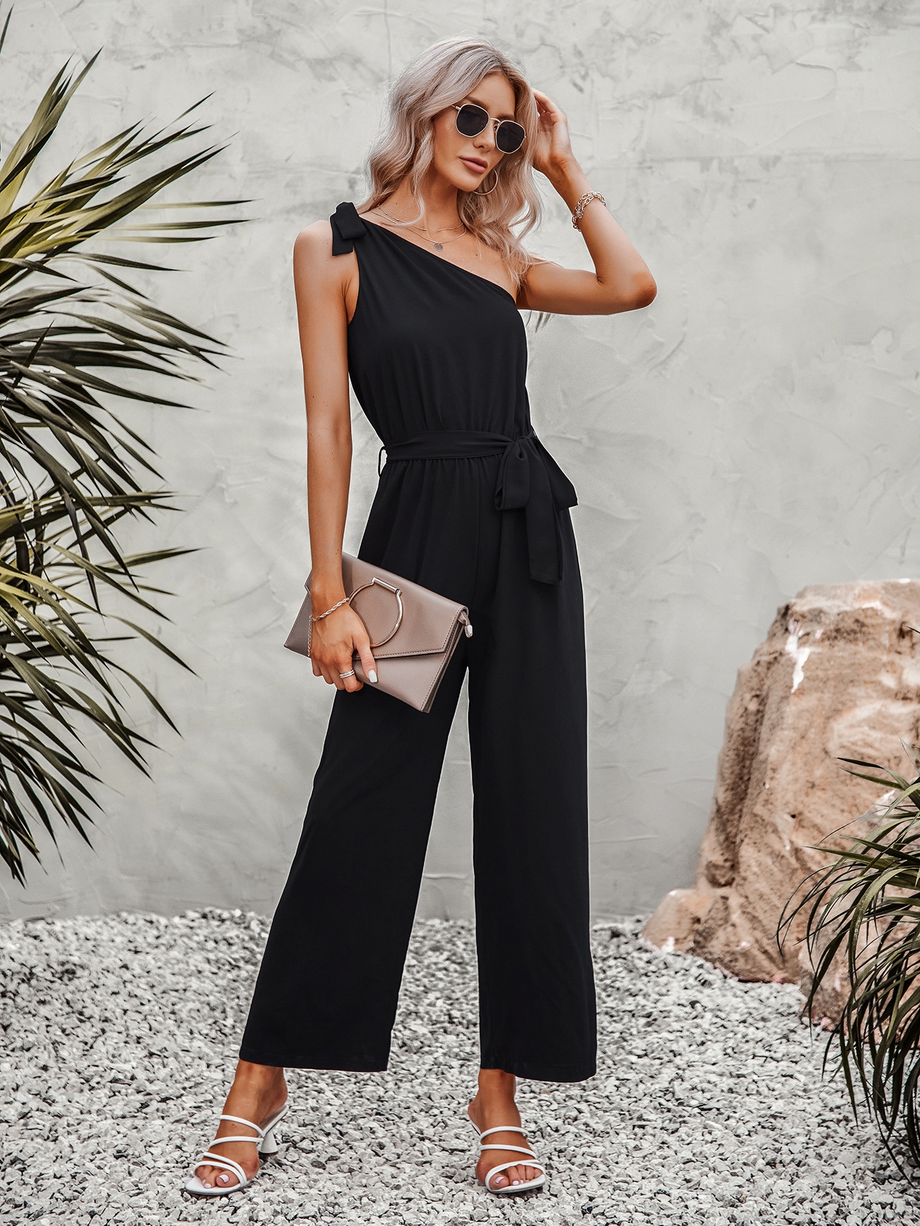 Knot Detail One Shoulder Belted Jumpsuit SHEIN UK