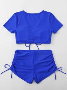 Plain Drawstring Bikini For Summer Beach - Royal Blue - View 2