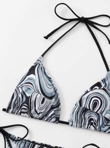 全身印花吊带三角比基尼，适合夏日海滩度假 - 黑色 - 查看 5