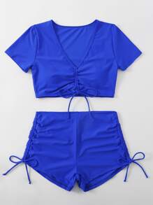 Plain Drawstring Bikini For Summer Beach - Royal Blue - View 3