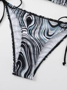 全身印花吊带三角比基尼，适合夏日海滩度假 - 黑色 - 查看 6