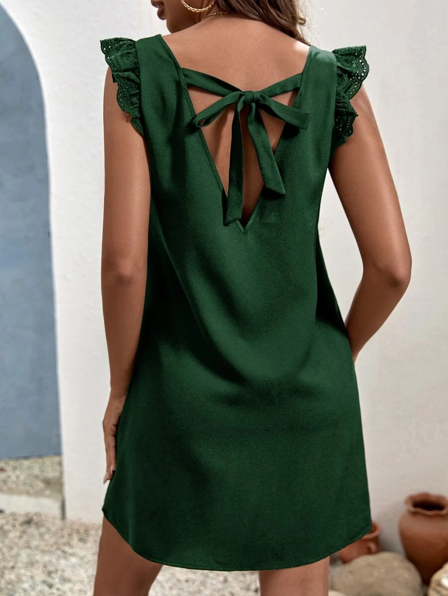 SHEIN Frenchy 素色荷葉邊後綁帶連衣裙 - 墨綠色 - 查看 1