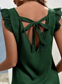 SHEIN Frenchy 素色荷葉邊後綁帶連衣裙 - 墨綠色 - 查看 3