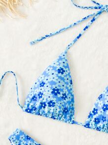 SHEIN Swim 夏季海滩碎花比基尼套装吊带三角文胸上衣和比基尼下装 2 件套比基尼 - 彩色 - 查看 4