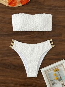 SHEIN Swim 纹理比基尼套装镂空抹胸文胸上衣和比基尼下装 2 件比基尼夏季海滩 - 白色 - 查看 2