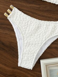 SHEIN Swim 纹理比基尼套装镂空抹胸文胸上衣和比基尼下装 2 件比基尼夏季海滩 - 白色 - 查看 5