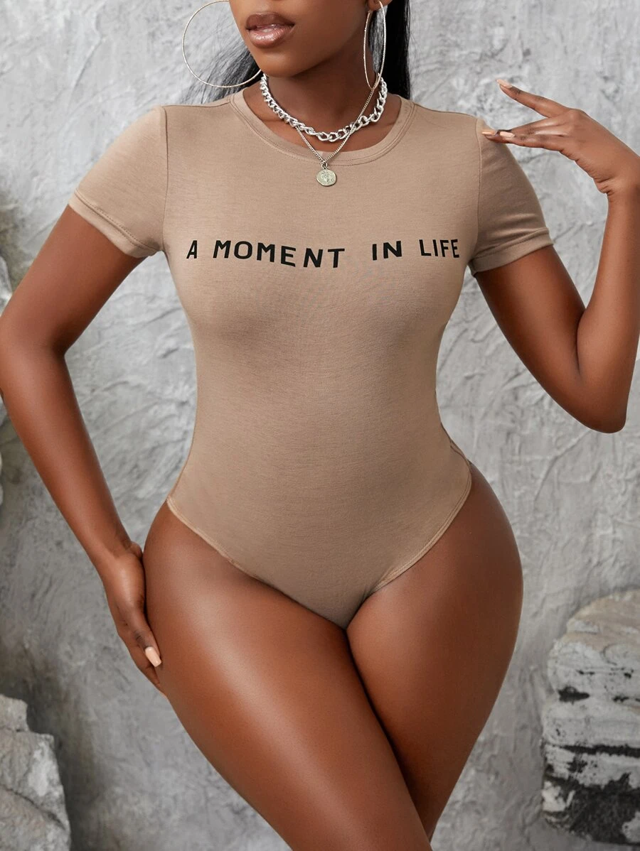 Slaydiva Slogan Graphic Skinny Bodysuit - Khaki - View 1