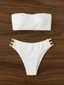 SHEIN Swim 纹理比基尼套装镂空抹胸文胸上衣和比基尼下装 2 件比基尼夏季海滩 - 白色 - 查看 6