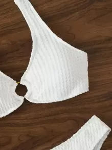 SHEIN Swim 纹理比基尼套装 环扣式吊带文胸上衣和高腰比基尼下装 2 件套比基尼夏季海滩 - 白色 - 查看 3