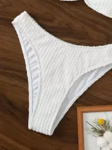 SHEIN Swim 纹理比基尼套装 环扣式吊带文胸上衣和高腰比基尼下装 2 件套比基尼夏季海滩 - 白色 - 查看 4