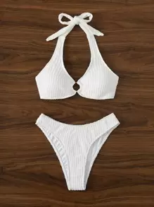 SHEIN Swim 纹理比基尼套装 环扣式吊带文胸上衣和高腰比基尼下装 2 件套比基尼夏季海滩 - 白色 - 查看 5