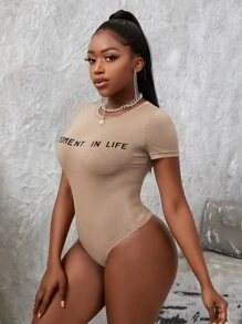 Slaydiva Slogan Graphic Skinny Bodysuit - Khaki - View 3