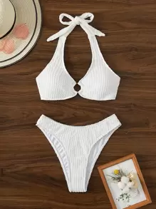 SHEIN Swim 纹理比基尼套装 环扣式吊带文胸上衣和高腰比基尼下装 2 件套比基尼夏季海滩 - 白色 - 查看 6