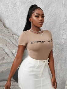 Slaydiva Slogan Graphic Skinny Bodysuit - Khaki - View 5