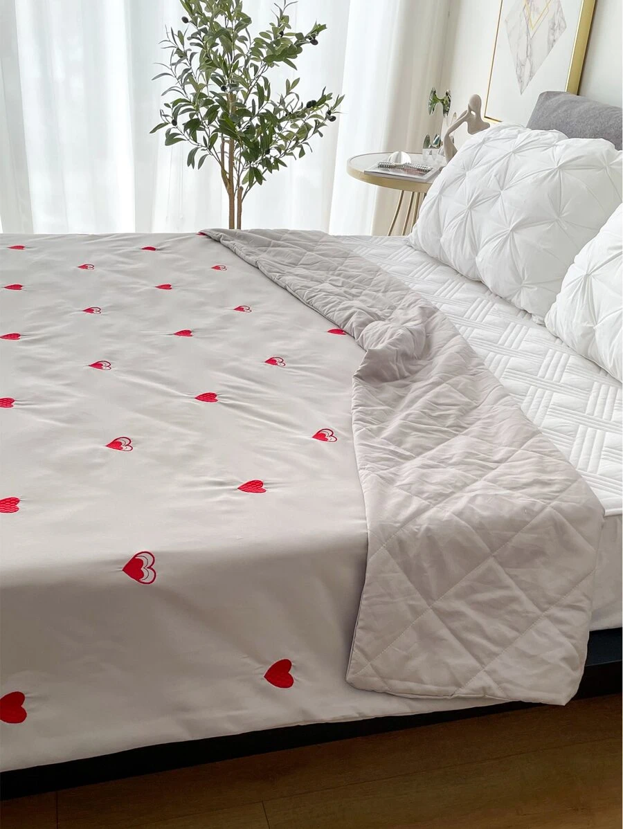 Heart Embroidered Quilted Bedspread - Light Grey - View 1