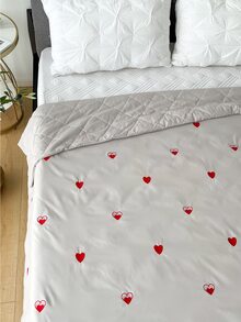 Heart Embroidered Quilted Bedspread - Light Grey - View 5
