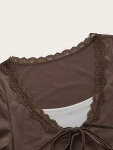 Áo thun nữ Tương phản ren Thắt nơ trước màu trơn Giải trí - Cà phê nâu - Xem 3