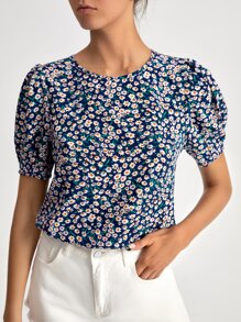 SHEIN Clasi Ditsy Floral Puff Sleeve Top - Navy Blue - View 1
