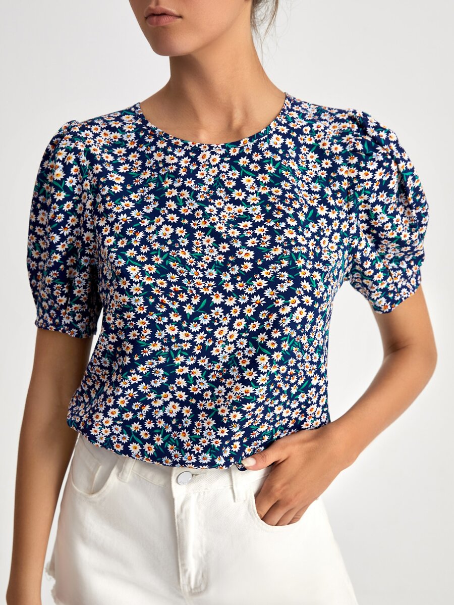SHEIN Clasi Ditsy Floral Puff Sleeve Top - Navy Blue - View 1
