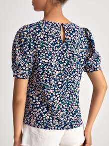 SHEIN Clasi Ditsy Floral Puff Sleeve Top - Navy Blue - View 2