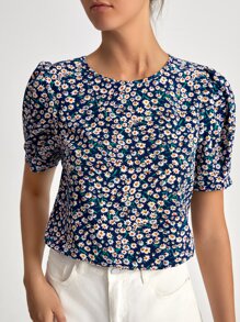 SHEIN Clasi Ditsy Floral Puff Sleeve Top - Navy Blue - View 3