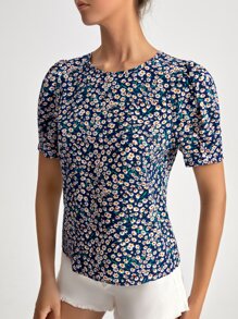SHEIN Clasi Ditsy Floral Puff Sleeve Top - Navy Blue - View 4