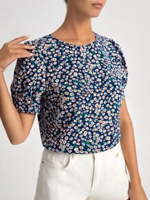 SHEIN Clasi Ditsy Floral Puff Sleeve Top - Navy Blue - View 5