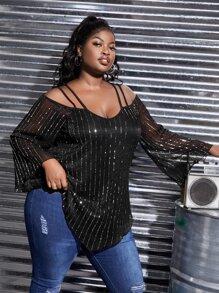 Slaydiva Plus Cold Shoulder Hanky Hem Sequin Blouse - Black - View 1