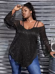 Slaydiva Plus Cold Shoulder Hanky Hem Sequin Blouse - Black - View 3