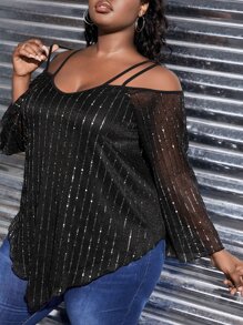 Slaydiva Plus Cold Shoulder Hanky Hem Sequin Blouse - Black - View 4