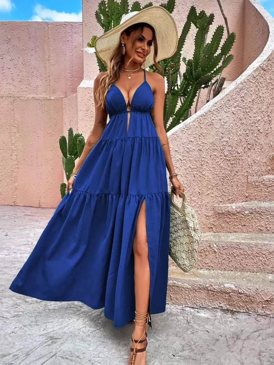 Breezaya Criss Cross Backless Split Thigh Dress - Royal Blue - View 1