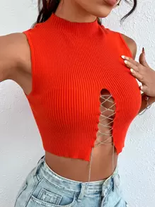 SHEIN ChicEase Chain Lace Up Front Knit Top - Burnt Orange - View 1