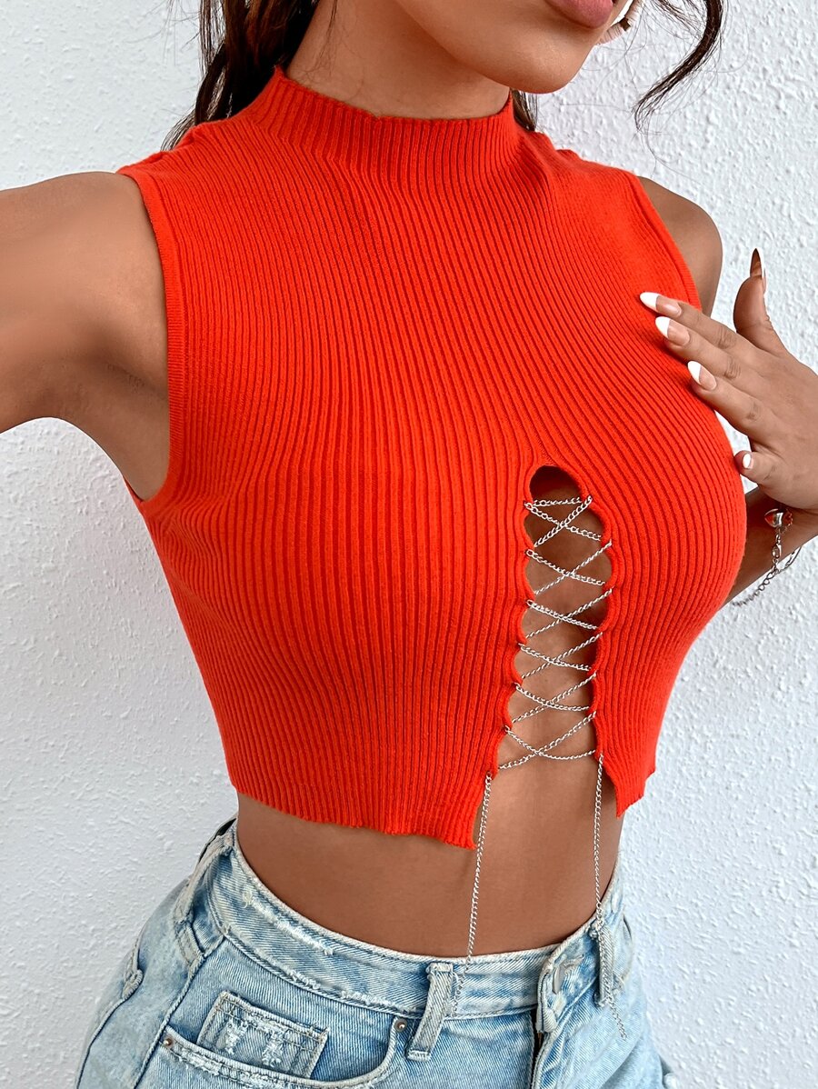 SHEIN ChicEase Chain Lace Up Front Knit Top - Burnt Orange - View 1