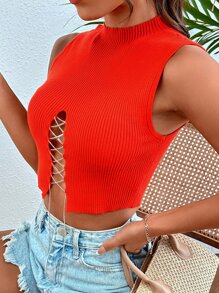 SHEIN ChicEase Chain Lace Up Front Knit Top - Burnt Orange - View 5