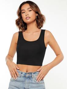 SHEIN BASICS Solid Crop Tank Top - Black - View 1
