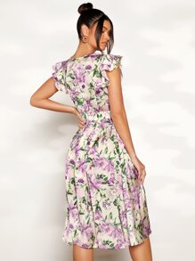 Floral Print Butterfly Sleeve A-line Dress - Multicolor - View 2