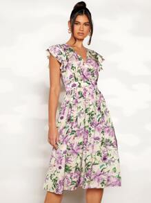 Floral Print Butterfly Sleeve A-line Dress - Multicolor - View 3