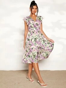 Floral Print Butterfly Sleeve A-line Dress - Multicolor - View 4