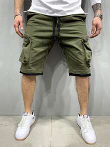 Manfinity Quần Short Nam Dây kéo Túi màu trơn Đường phố - xanh quân đội - Xem 1