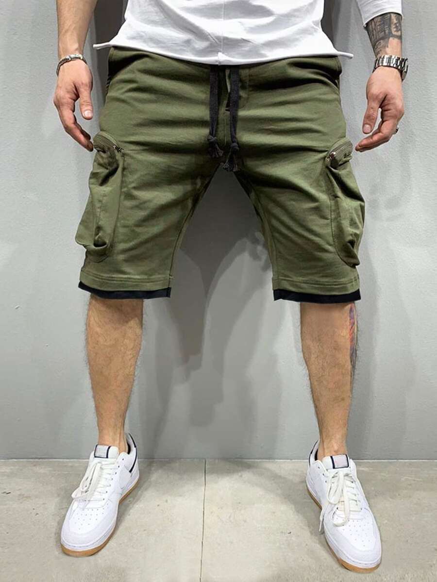 Manfinity Quần Short Nam Dây kéo Túi màu trơn Đường phố - xanh quân đội - Xem 1