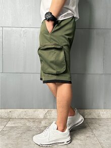 Manfinity Quần Short Nam Dây kéo Túi màu trơn Đường phố - xanh quân đội - Xem 2