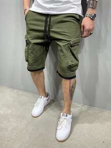 Manfinity Quần Short Nam Dây kéo Túi màu trơn Đường phố - xanh quân đội - Xem 3