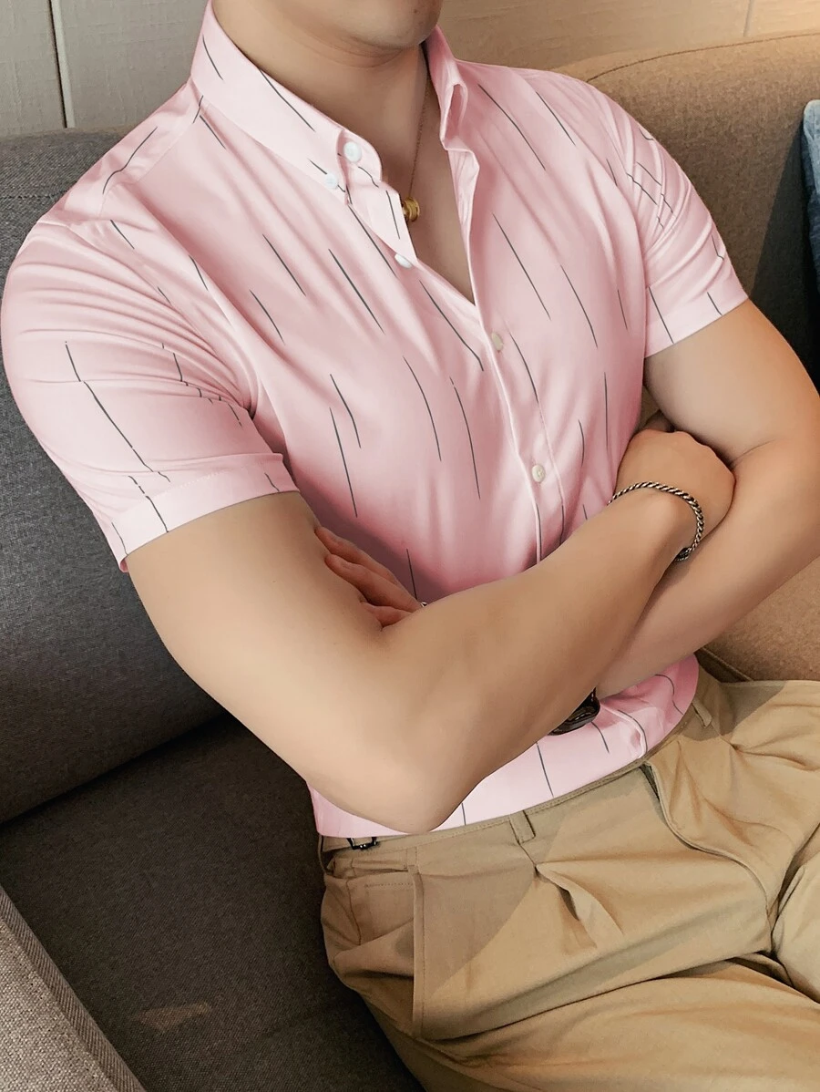 Manfinity Mode 男士前紐扣襯衫 - 淺粉色 - 查看 1