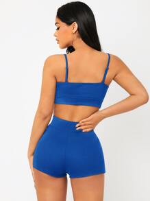 SHEIN PETITE Conjunto Top corto de tirantes con bordado de letra & Shorts biker - azul real - Ver 3