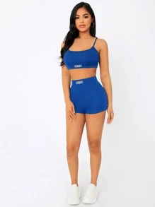 SHEIN PETITE Conjunto Top corto de tirantes con bordado de letra & Shorts biker - azul real - Ver 4