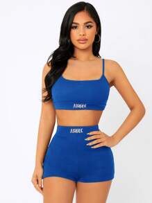 SHEIN PETITE Conjunto Top corto de tirantes con bordado de letra & Shorts biker - azul real - Ver 5