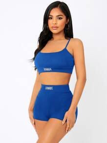 SHEIN PETITE Conjunto Top corto de tirantes con bordado de letra & Shorts biker - azul real - Ver 7