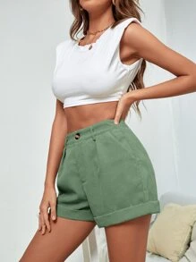 SHEIN EZwear 高腰反摺褲腳燈芯絨短褲