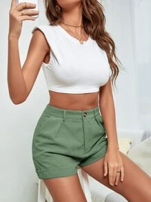 SHEIN EZwear 高腰反摺褲腳燈芯絨短褲