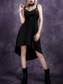 Gothic Lace Up Front Corset Detail High Low Hem Dress - Black - View 2